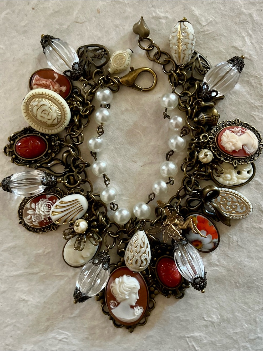 Vintage Style Cameo Charm Bracelet/Cream & Carnelian Vintage Lucite & New Beads